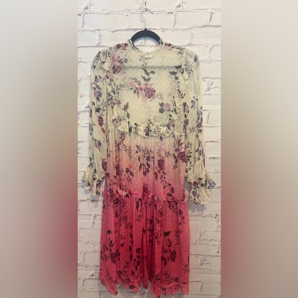 Anthropologie Ombre Pink & Cream Floral Chiffon Dress – Size 2 - Picture 3 of 8